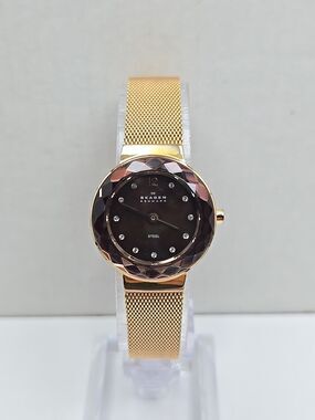 Skagen Leonora Faceted Crystal Rose Gold Mesh Watch Brown MOP New Battery